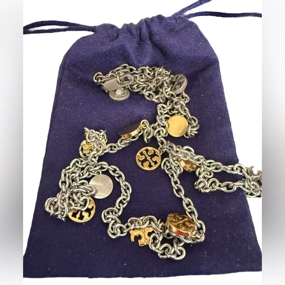 TORY BURCH Silver and Gold-Tone Long Logo Elegant Necklace with Dust Bag